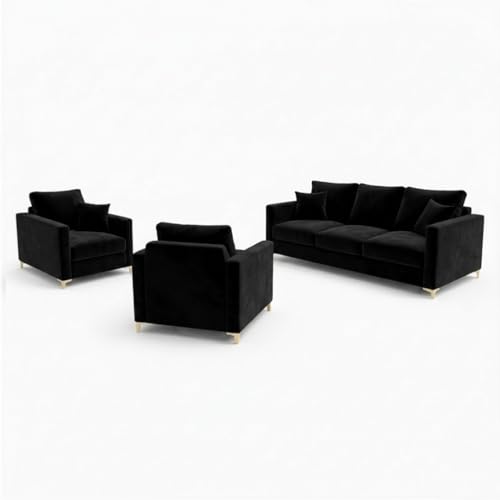 Image of Hayes Rich Velvet Suede 3+1+1 Seater Sofa Set | Golden Aesthetic Legs | Soft Touch Comfort | 5 Person Seating | Modern Living Room Set (Black)