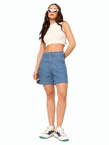 Image of Dolce Crudo Women's Relaxed Fit Mid-Rise Denim Shorts with Adjustable Waist & Frayed Hem