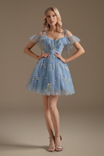 UZN Cold Shoulder Flower Embroidery Tulle Homecoming Dresses Short for Teens Formal Cocktail Party Prom Gowns3