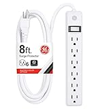 GE 6-Outlet Power Strip, 8 Ft Extension Cord, Heavy Duty Plug, Grounded, Integrated Circuit Breaker, 3-Prong, Wall Mount, ETL Listed, White, 67122
