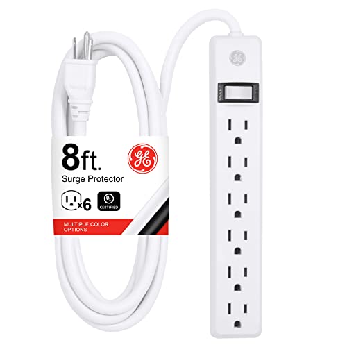 GE 6-Outlet Power Strip 8 Ft Extension Cord Heavy Duty Plug Grounded Integrated Circuit Breaker 3-Prong Wall Mount ETL Listed White 67122