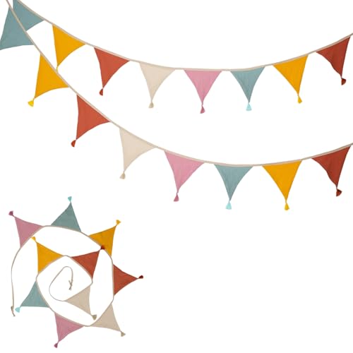 10Pcs Triangle Fabric Bunting Flags Double Sided Cotton Bunting with Tassel Decoration for holiday party (Pink)