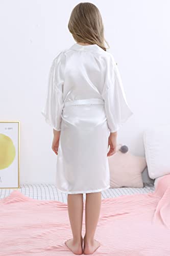 Morforu Girls Kids Solid Color Silky Satin Kimono Robe For Wedding Spa Party, Short (White, Tag 10) #TOP4