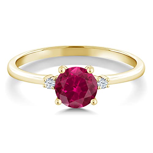 Gem Stone King 10K Yellow Gold Red Created Ruby and White Created Sapphire Solitaire Engagement Ring For Women (1.03 Cttw, Round 6MM, Gemstone July Birthstone, Available in Size 5,6,7,8,9)2