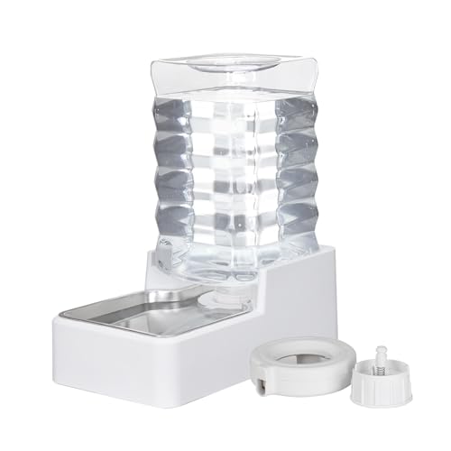 Sfozstra Dog Water Bowl Dispenser: 8L Lagre Automatic Gravity White Upgraded Pet Water Dispenser - Stainless Steel Bowl - BPA-Free - Two Caps and Filters for Multiple Pets