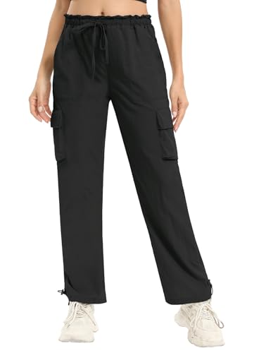Womens Cargo Joggers Parachute Y2K Pants Lightweight Hiking Travel Scrub Pants Elastic Waist with Drawstring Quick Dry, Black L