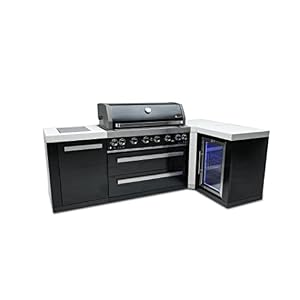 Mont Alpi MAi805 BSS90FC Black Stainless Steel 90 Degree Corner Gas Outdoor Kitchen Bar Island Grill wWine Cooler Beverage Center Refrigerator Infrared Side Rear Burners Granite Countertop
