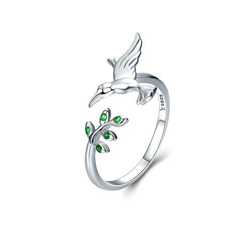 Anillo de plata de ley S925 con diseño de colibrí para dedo abierto, cristal verde CZ ajustable, banda ampliable para mujeres y niñas