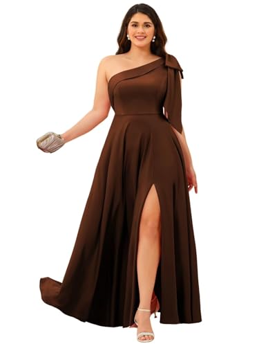 RSOETOO One Shoulder Bridesmaid Dresses with Slit Long Satin Formal Dress with Bow RO196