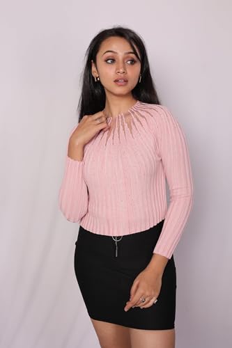 Image of ICW Women Knitted Rhinestone Embellised Daimond Studded Mesh Round Neck Long Sleeve Crop Top T-Shirt 206