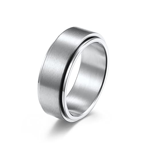 HIJONES Bague Spinner Anxiété en Acier Inoxydable pour Homme 8mm Alliance Argent Brossé Mat Taille 54