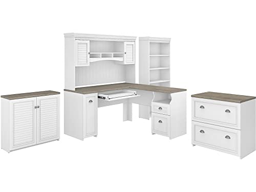 Bush Furniture Fairview 60W L Shaped Desk with Hutch, File Cabinet, Bookcase and Storage in Pure White and Shiplap Gray