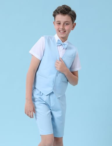 Image of A&J DESIGN Blue Suit for Boys Easter Wedding Gentleman Photoshoot Formal Ring Bearer Outfit Summer Short Set Tuxedo 5-6 Years