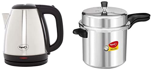 Image of Pigeon by Stovekraft Deluxe Aluminium Pressure Cooker, 10 Litres,Silver & Amaze Plus Electric Kettle 1.5 L, 1500 Watt, Stainless Steel Body with Auto Shut-off Feature