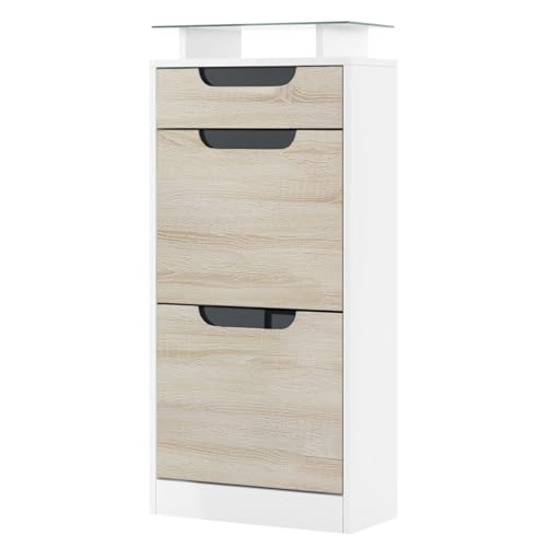 Vladon Meuble à Chaussures Fiesta V2, Corps en Blanc Mat/Façades en Chêne Brut avec Un Decor en...