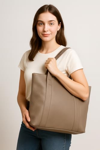 Image of Women's Brown Leather Tote Bag for Office | Laptop Handbag with 11 Inch Compartment, Multiple Pockets & Zipper | Large Capacity Work Shoulder Bag for Daily Use & Travel | quality material