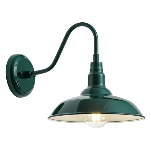 Image of 10'' Dome Outdoor Gooseneck Barn Light Fixture with Wall Mount, Green Exterior Porch Barn Door Lighting, Farmhouse Style Outside Shed Gooseneck Wall Sconce for Patio, Yard, Garage, House