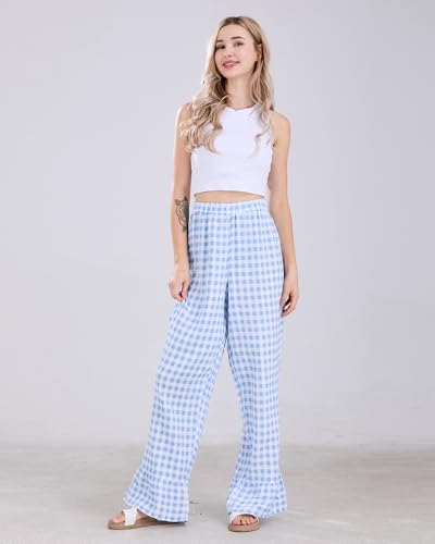 Image of codcm Womens Gingham Pants Wide Leg Lounge Pants Y2k Plaid Print Ruffle Hem Loose Trouser