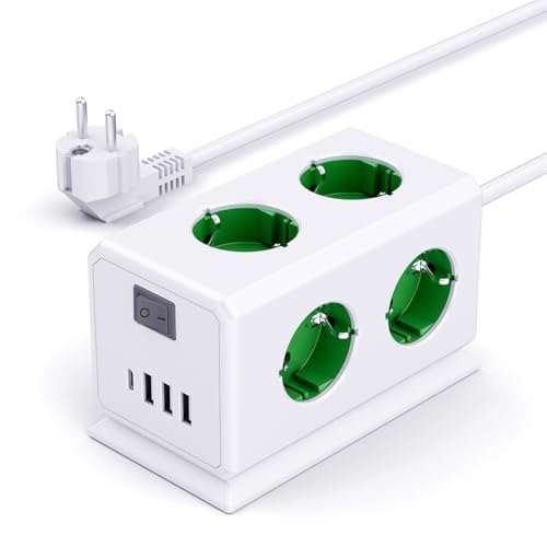 6 Fach Mehrfachsteckdose Überspannungsschutz, 3680W Steckdosenleiste mit USB, 16A Mehrfachstecker, Steckdosenturm Verteilersteckdose für Zuhause,1.5M Verlängerungskabel