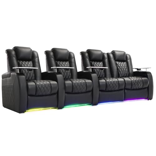 Image of Weilianda Home Theater Seating, Top Grain Leather Movie Theater Chair | Black Row of 4 Loveseat Right, Zero Gravity, Power Headrest, Tray Table, Electric Reclining Seat for Media Room