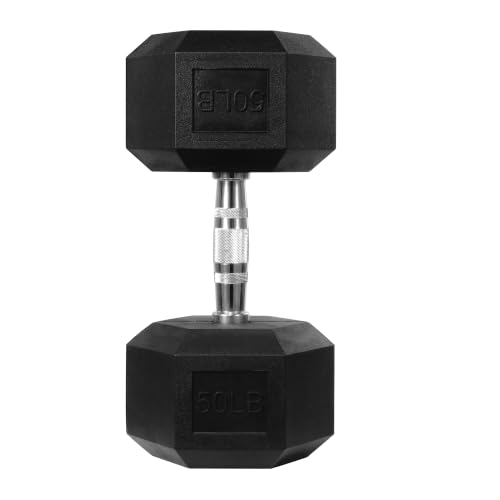 HulkFit 50 LB Single Rubber Coated Hex Dumbbells Anti-Roll Hand Weights Non-Slip Ergonomic Handle Low Odor for Home Gym