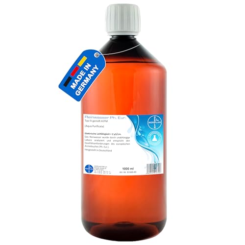 HERRLAN® Eau distillée – 1 litres AQUA PURIFICATA Ph. Eur. Eau de laboratoire de qualité pharmaceutique – Fabriqué en Allemagne