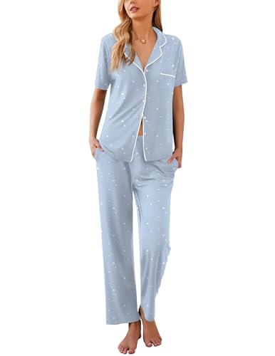 Ekouaer Womens Pajamas Set Print PJs Soft Button Down Sleepwear Short Sleeve Nightwear with Long Pants Blue Star XL