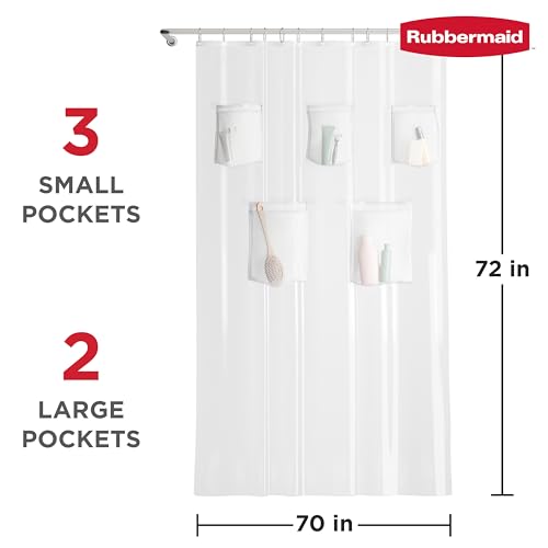 Rubbermaid Clear Waterproof Shower Curtain Liner with 5 Storage Pockets, Heavyweight PEVA Shower Liner for Bathroom, with White Rustproof Grommets and Mesh Pockets, 70x72, Standard Size, Clear - image 7