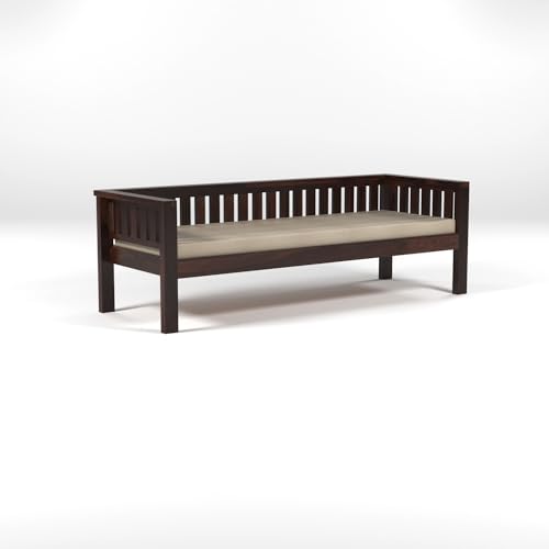 Image of Solid Wood Sheesham 3 Seater Low Height Sofa | Three Seater Sofa for Living Room, Home, Office Furniture with Beige Cushion - Walnut Finish