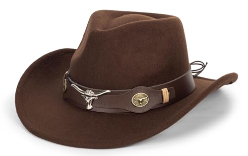 Wide Brim Men and Womens Western Cowboy Hat Fedora-Jazz-Hat with Bull Head Band Decoration Brown