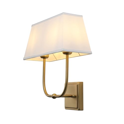 Image of PERMO Transitional Double Sconce 2 Lights Indoor Sconce Wall Lighting with White Textile Fabric Square Shade for Bedroom Bedside Living Room (Antique Brass)