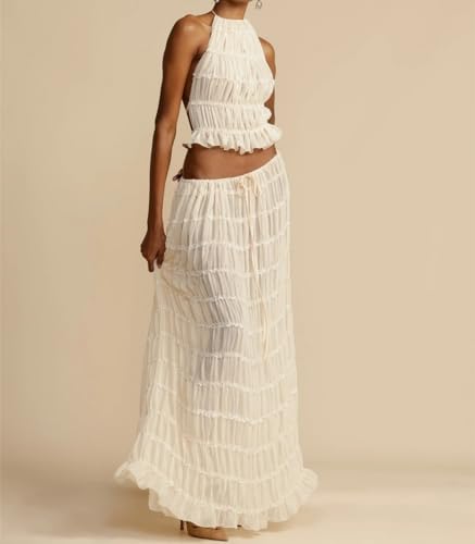 Women 2 Piece Ruffle Maxi Skirt Set Y2k Front Tie Up Tank Top Flowy Ruffle Long Skirts Summer Beach 2Pc Outfits4