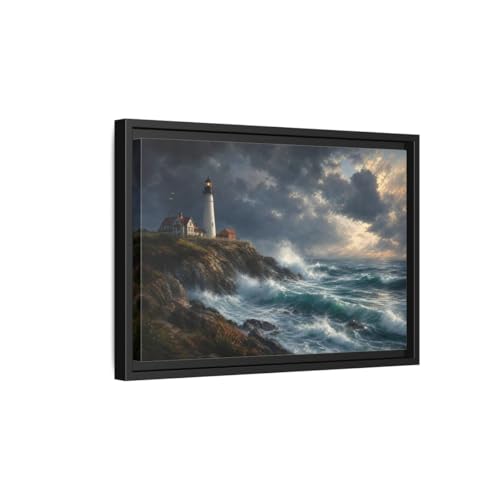 Toile phare tempête décoration murale salon cadre noir 45x30 horizontal bleu