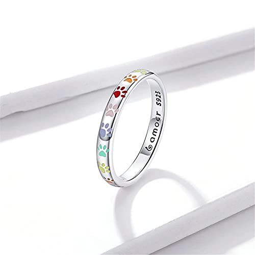 BISAER 3mm 3.4mm Paw Print Ring S925 Sterling Silver Ring Puppy Dog Cat Paw Ring, Multicolor Pet Print Enamel Ring for Women Size 5-104
