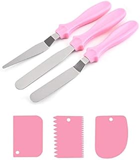 TSHAOUN Icing Spatulas Set 3 Pcs Stainless Steel Spatulas with 3 Pcs Plastic Cake Scrapers for Cream Spreading, Cake Decorating, Frosting Pastries, Cupcake (Pink)