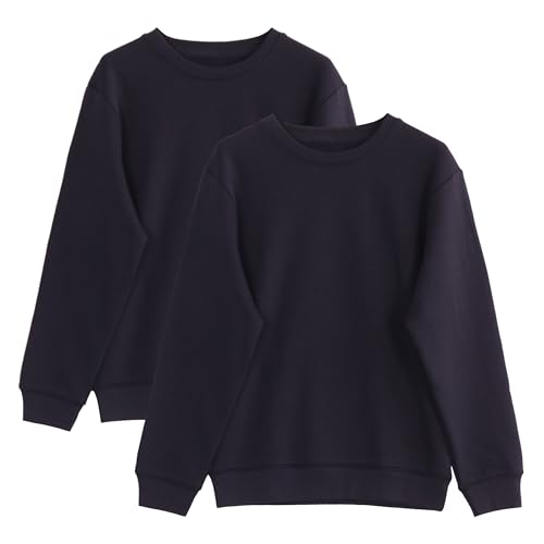 Image of NexFave Kids Boys Girls Unisex Sweatshirt School Uniform Fleece Plain Jumper Crew Round Neck Pullover Long Sleeve Top 2 Pack Navy Blue Size Age 11-12 Years