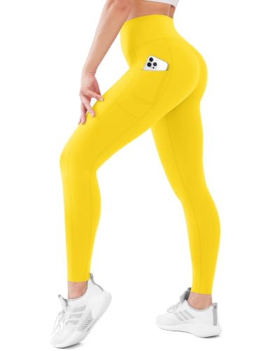 Cheerace High Waisted Pocket Leggings for Women - No See Through Tummy Control Cycling Workout Yoga Pants Reg & Plus Yellow