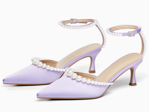 Image of Coutgo Womens Pearl Kitten Heels Closed Pointed Toe Wedding Bride Dress Shoes Ankle Strap Satin Pumps