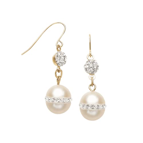 Finecraft 8mm Freshwater Cultured Pearl Drop Earrings with Crystals in 14K Yellow Gold