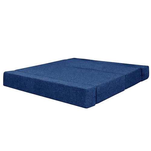 Image of Rosebell Two Seater Sofa Cum Bed 4x6 Feet with Washable Jute Fabric Cover and Cushions Ideal for Home Office Guest Room Use Blue Color