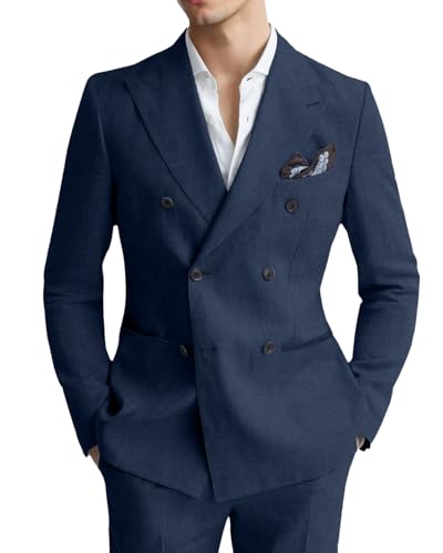 Image of Retro Men Linen Suits 2 Piece Slim Fit Double Breasted Dark Blue Suits Men Casual Beach Wedding Suit Tuxedo Jacket Pants L