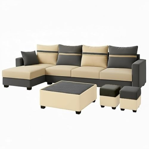 Image of CASASTYLE Wallis 8 Seater Fabric LHS L Shape Sofa Set with 1 Centre Table & 2 Puffy (Cream- Dark Grey) Velvet Finish | Comfortable Sofa for Living Room