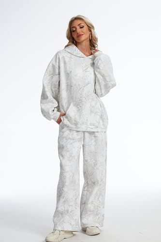 Womens 2 Piece Sweatsuits Fall Outfits Oversized Camo Hoodie Wide Leg Sweatpants Travel Lounge Matching Sweat Sets2