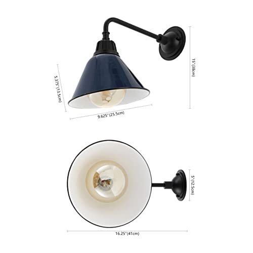 Image of JONATHAN Y Croydon 1-Light Gooseneck Barn Sconce 9.63 inch, Navy | Metal Bell Shade, Farmhouse Industrial Wall Fixture, Indoor or Outdoor, LED Bulb Included, Dimmable, For Porch, Patio