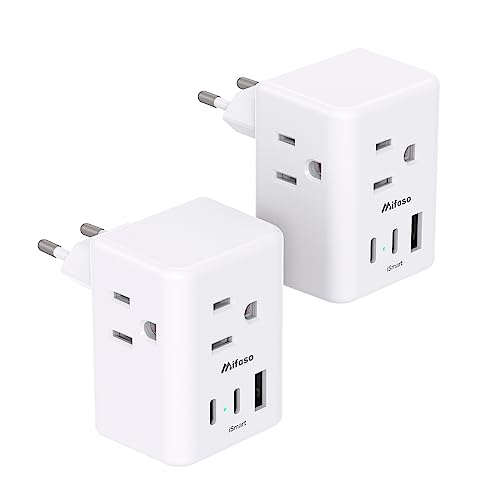 2 Pack European Travel Plug Adapter, Mifaso International Power Plug Adapter with 3 Outlets 3 USB Charging Ports(2 USB C), Type C Plug Adapter Europe Travel Essentials to Spain Italy France