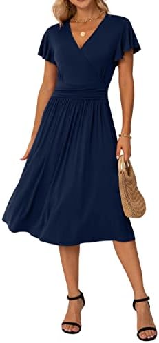 GRECERELLE Women Dresses, Short Sleeve Casual Summer Dress, V-Neck Party Dress(Large, Navy Blue)