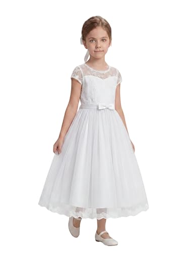 LalaMira White Flower Girl Dress for Wedding Lace Tulle Pageant Gown Girls Party Dress for Graduation & First Communion with Pearl Buttons & Bow (Veil Included) - White 8 Years