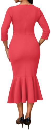 Image of Elegant Dress for Women Sexy V Neck Long Sleeve Bodycon Midi Fishtail Dresses