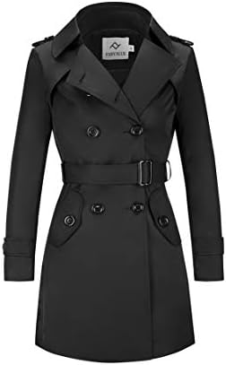 FARVALUE Women's Double Breasted Trench Coat Water Resistant Classic Belted Lapel Overcoat Black Small