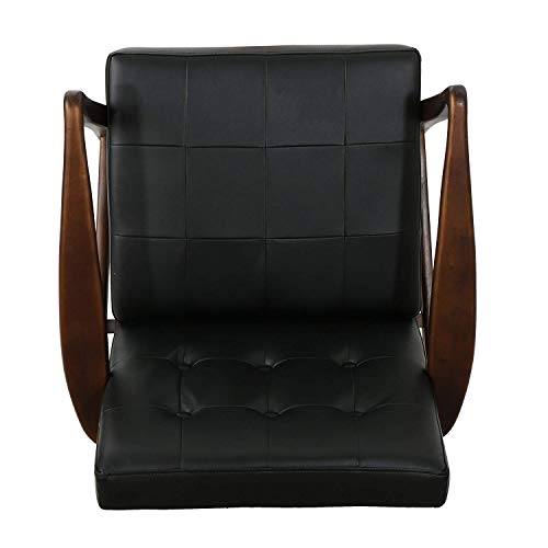 Image of APRODZ Solid Wood Accent Chair for Living Room Mid Century Modern Faux Leather Upholstered Chair with Wooden Legs Lounge Button Tufted Chair for Bedroom Office Seating (Black)